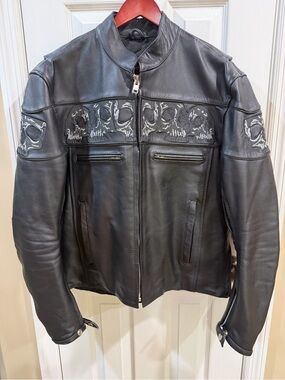 Motorcycle Black Leather Skull-Panel Bomber Jacket with zip/removable insert
